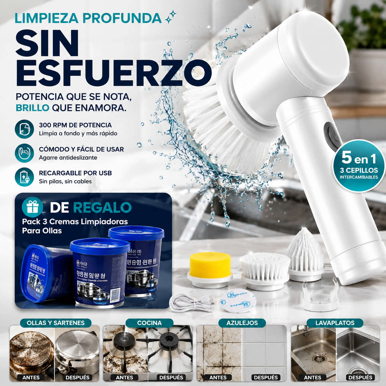 Cepillo limpiador 5 En 1 - Magic Bush y de regalo 3 Cremas Limpiadoras Para Ollas