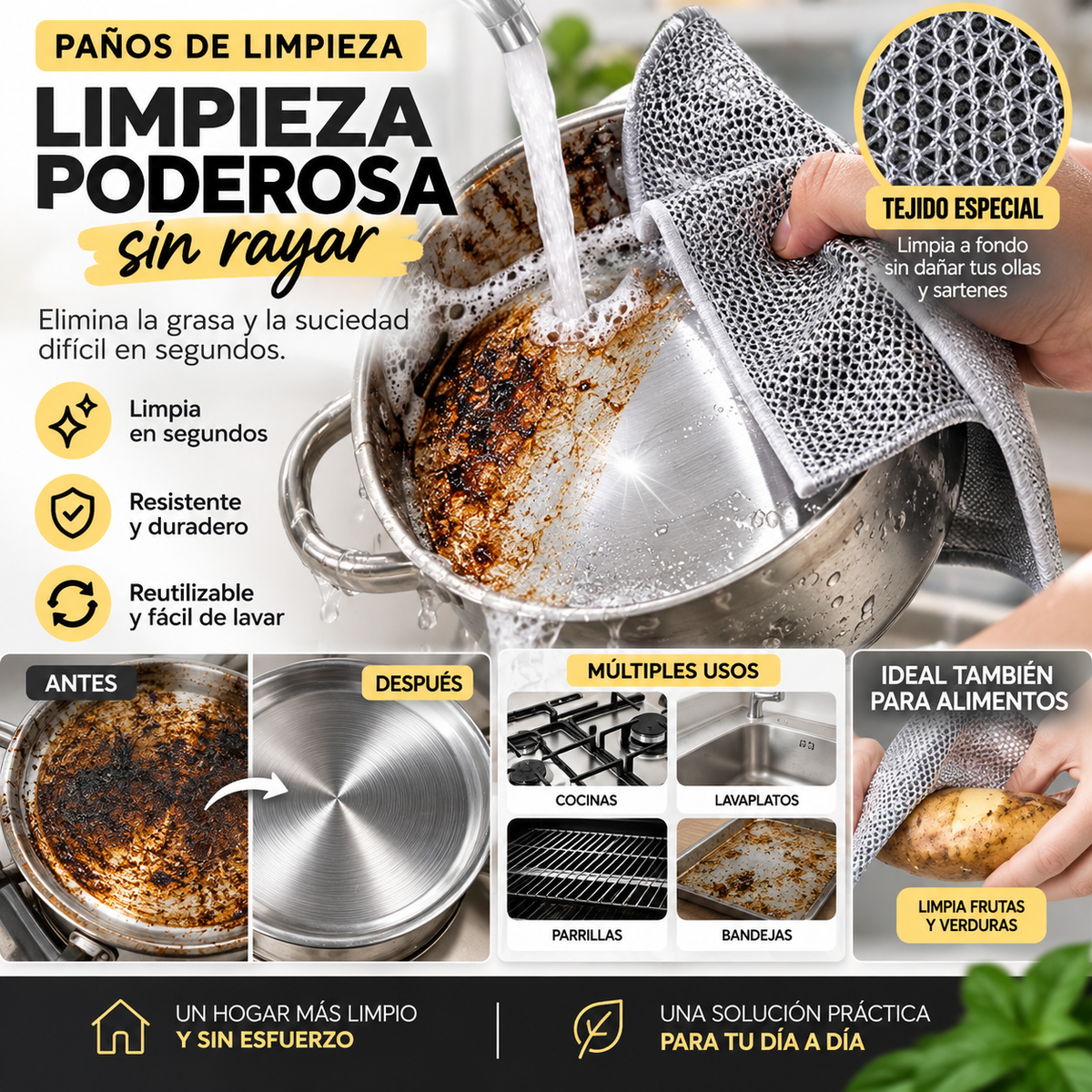 Paño Metálico Pro – Adiós a la suciedad pegada (10 unidades)