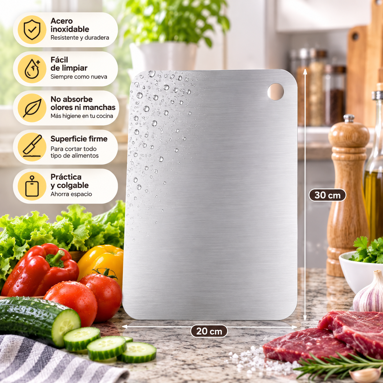 AceroChef - Cocina Más Limpia - Tabla de acero inoxidable.